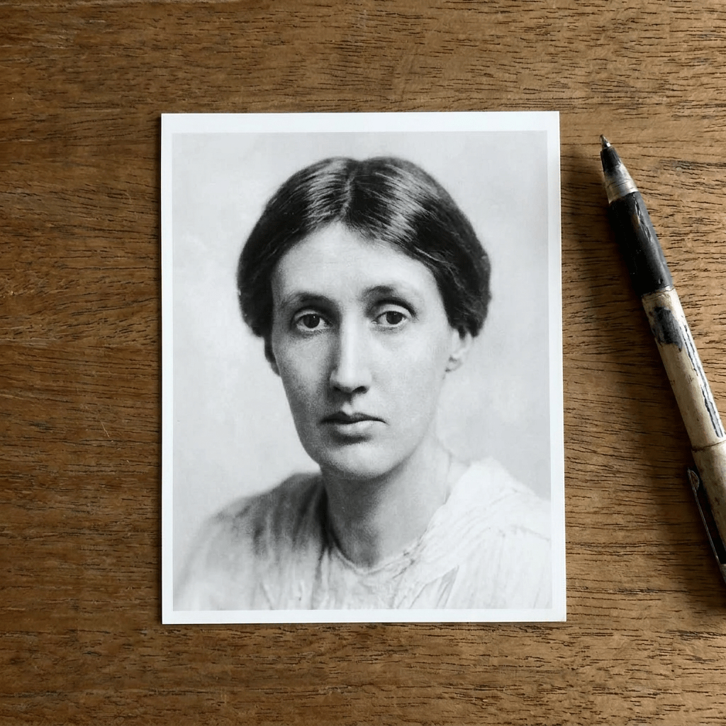 Handwritten text about Virginia Woolf's life and feminist themes on paper with her portrait faintly visible